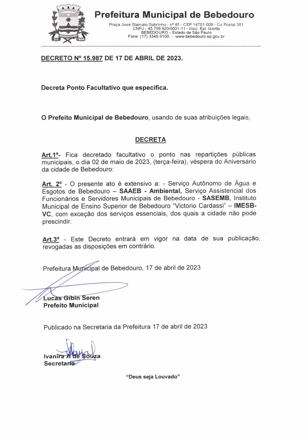 Ponto facultativo, feriado e aniversário de Bebedouro - 139 anos!